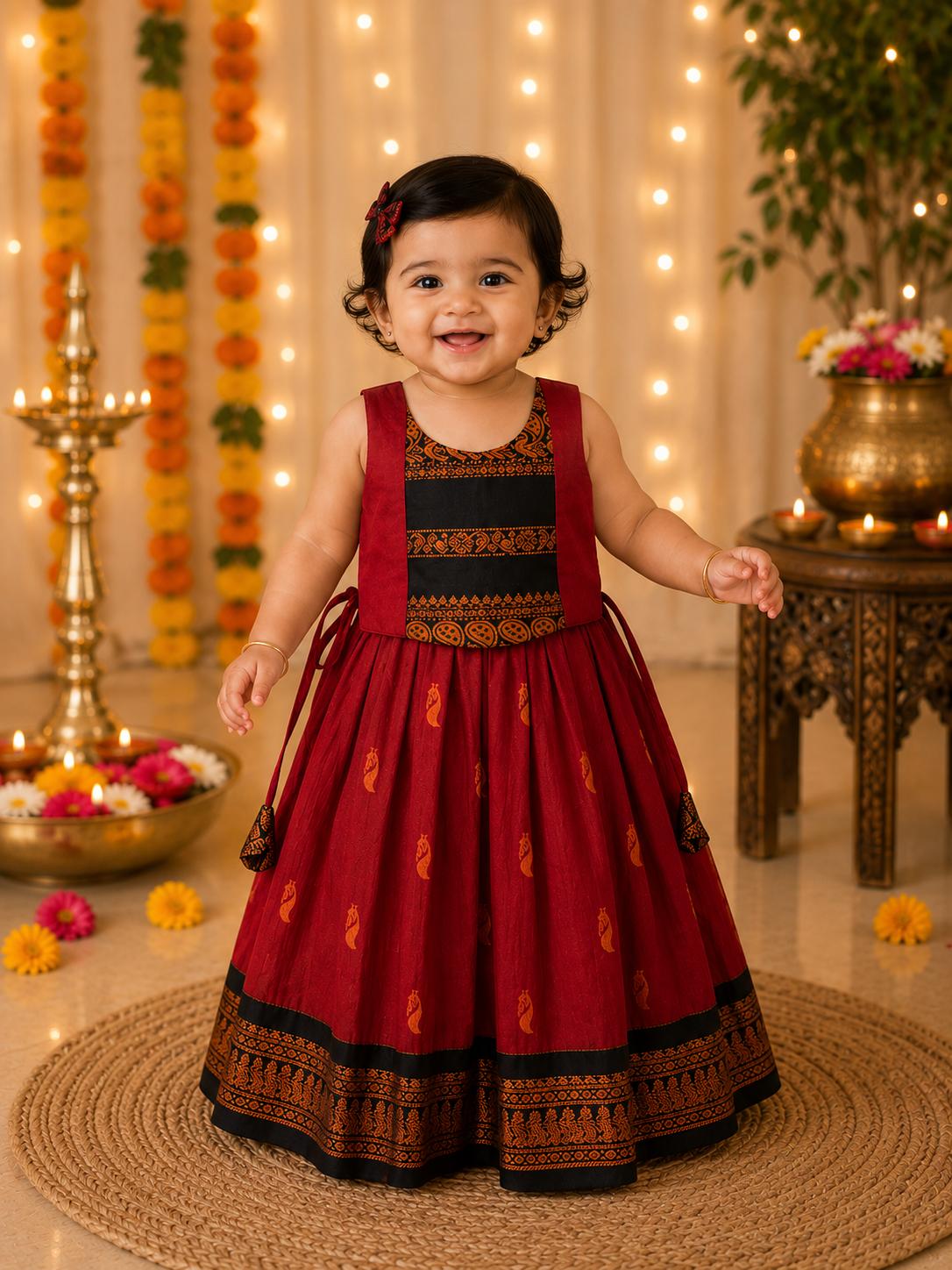 Maroon & Gold South Indian Pattu Pavadai Frock for Baby Girls